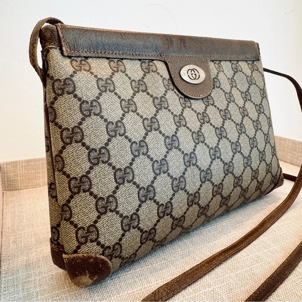 Gucci Vintage Crossbody Coated Canvas Shoulder Bag GG Monogram Leather Trim - Picture 5 of 17